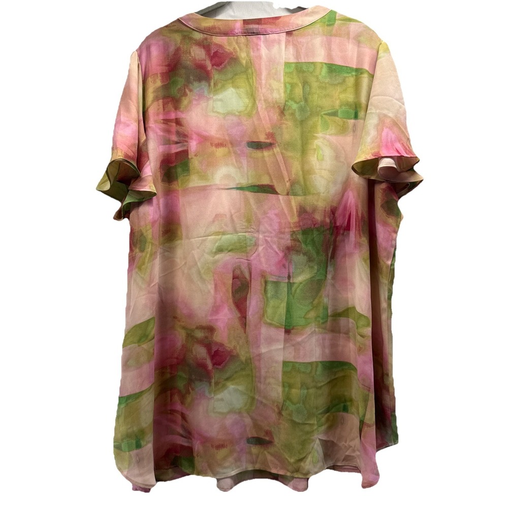 Rose & Olive Women's Top 1X Pink Green Watercolor‎ Flutter Cap Sleeves Pullover - Picture 3 of 8